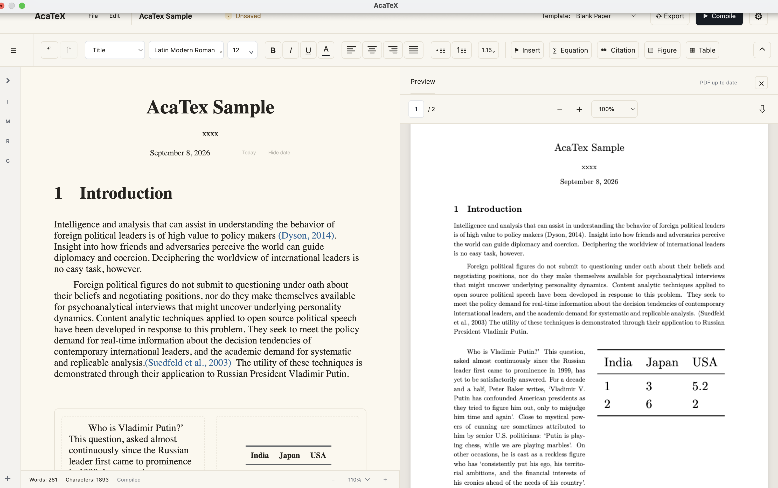 AcaTex visual editor and compiled PDF preview side by side